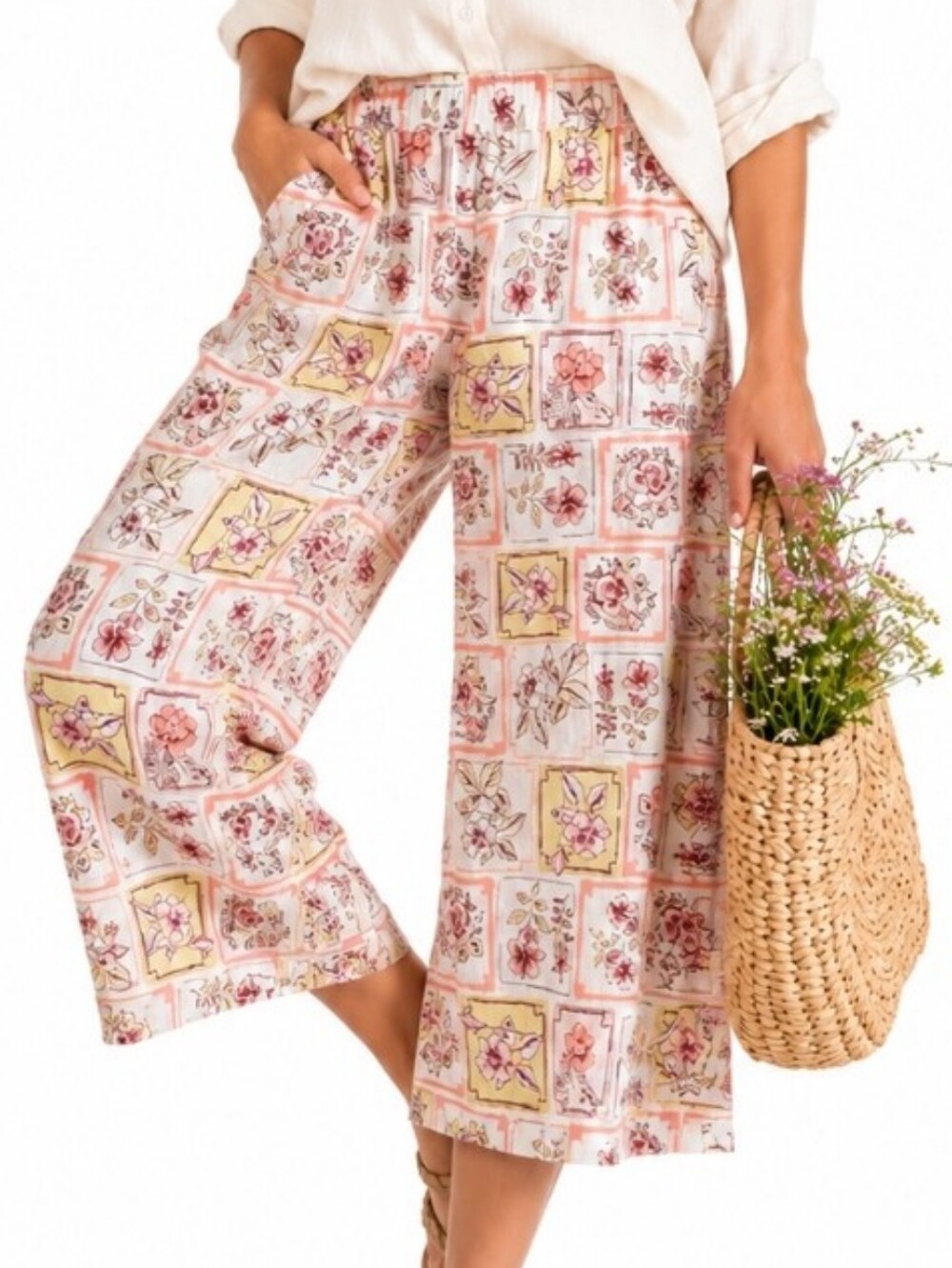 Joie Linen Wide Leg Pants XL Pink Yellow Floral Tile Print Garden Party